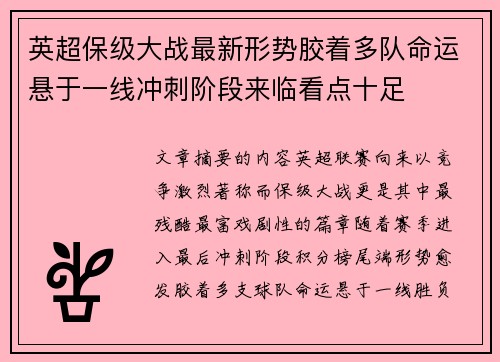 英超保级大战最新形势胶着多队命运悬于一线冲刺阶段来临看点十足 英超保级大战最新形势胶着多队命运悬于一线冲刺阶段来临看点十足